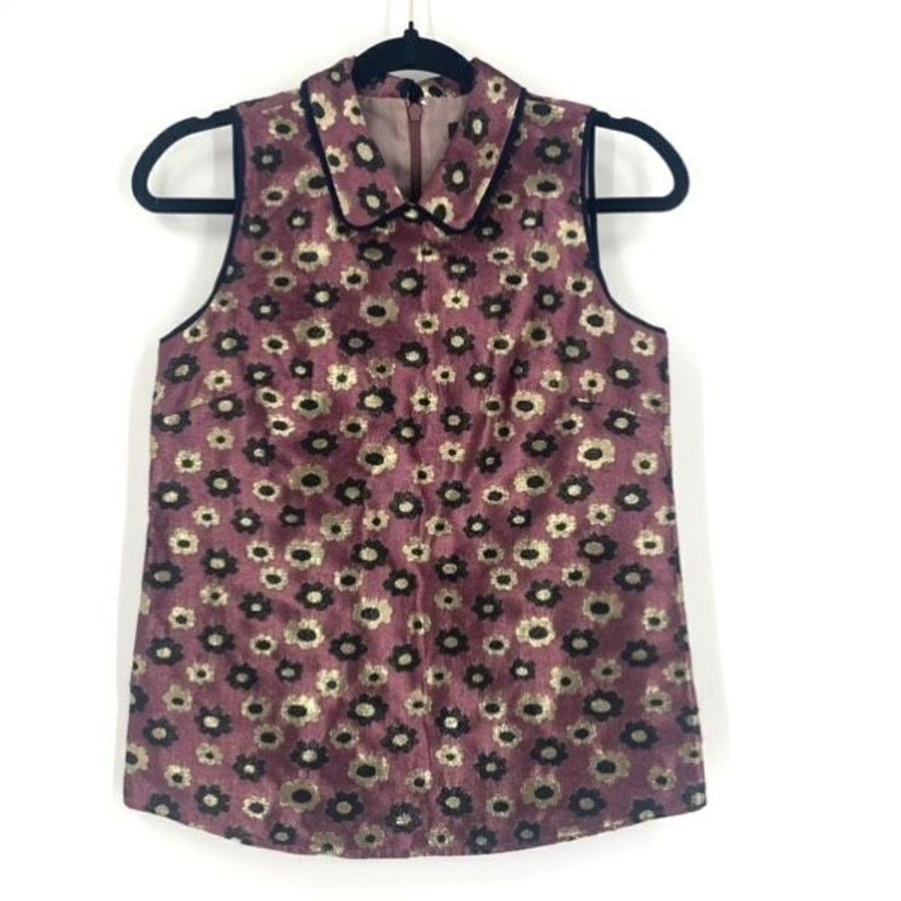 J. Crew Women's Floral Brocade Sleeveless Blouse Pink Green Size 00 Peter Pan